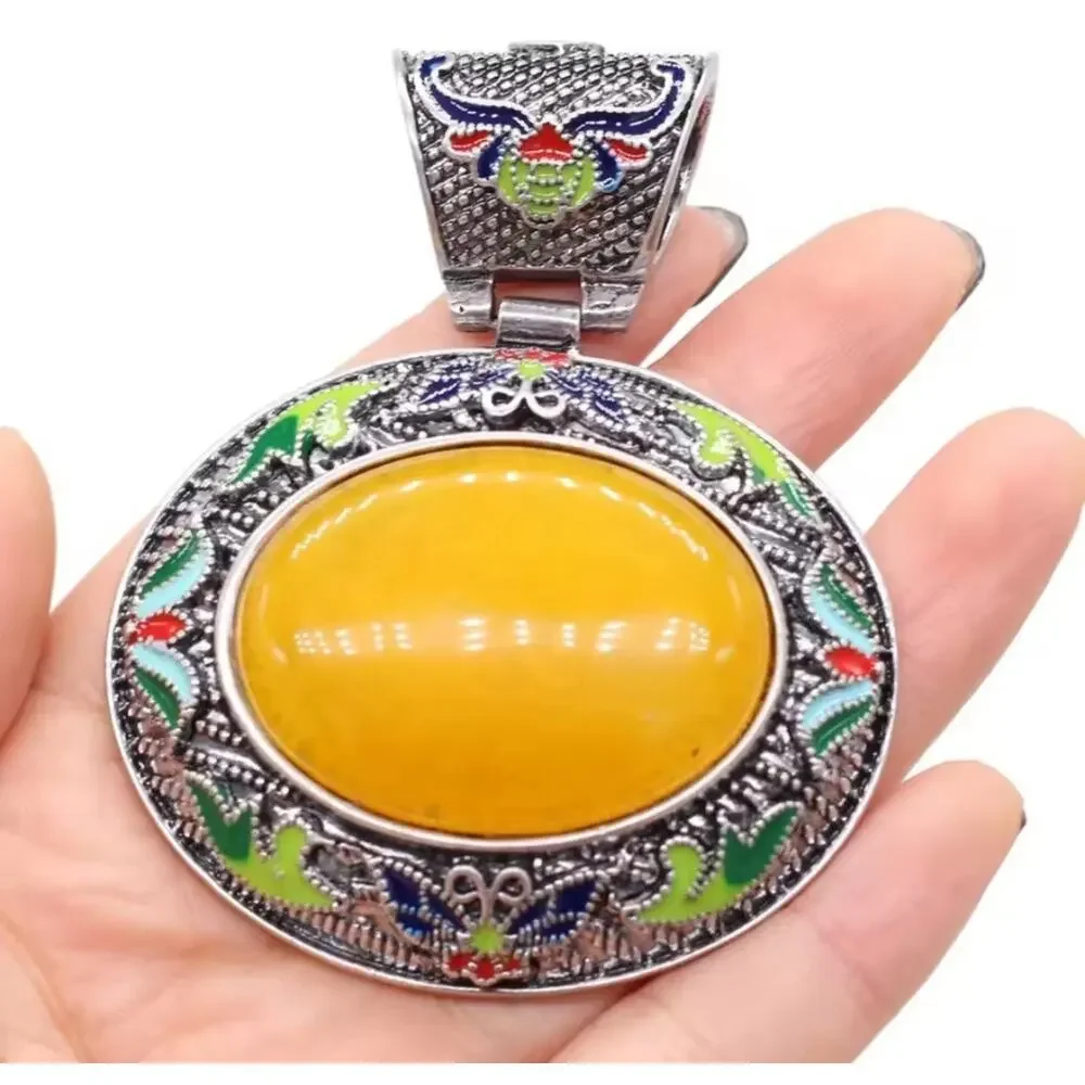 Large Tribal Boho Yellow Colorful Silver Tone natural stone Pendant 60x70mm
